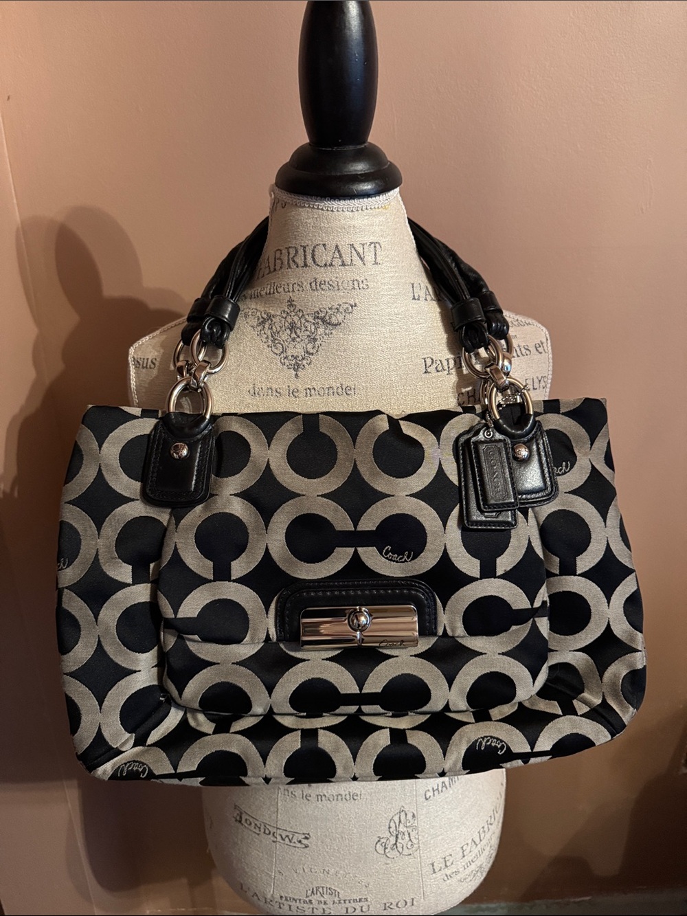 Coach Black and Silver Signature Circle Print Shoulder Bag